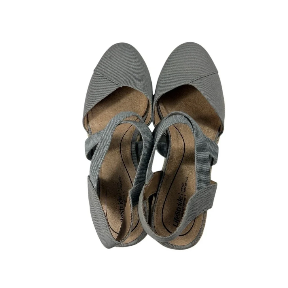 LifeStride Kimmy Grey Fabric Espadrille Wedge Sandals Womens 7W Round Toe Casual